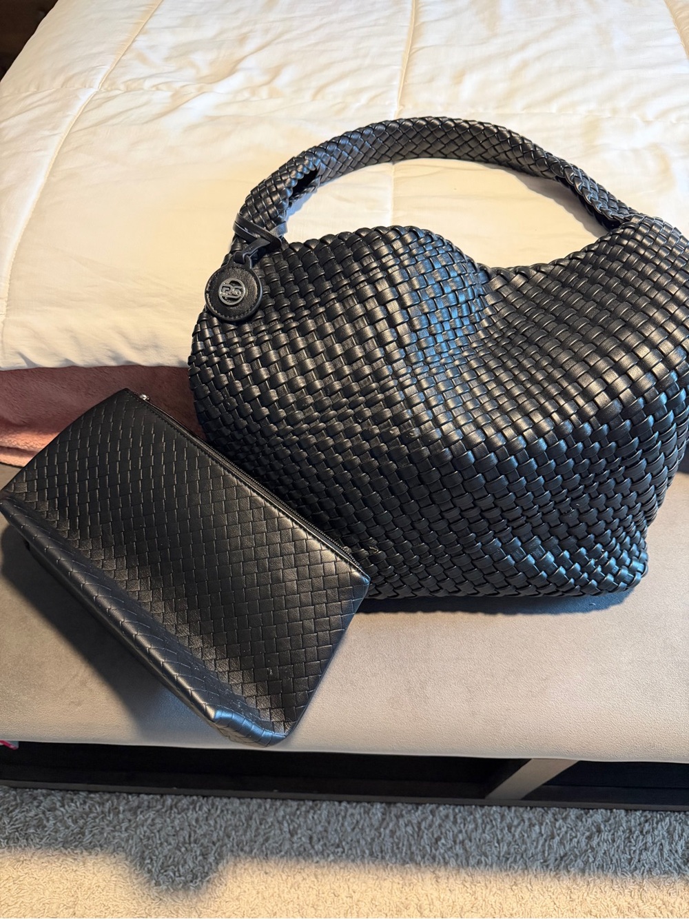 Woven Black Shoulder Bag with Matching Clutch